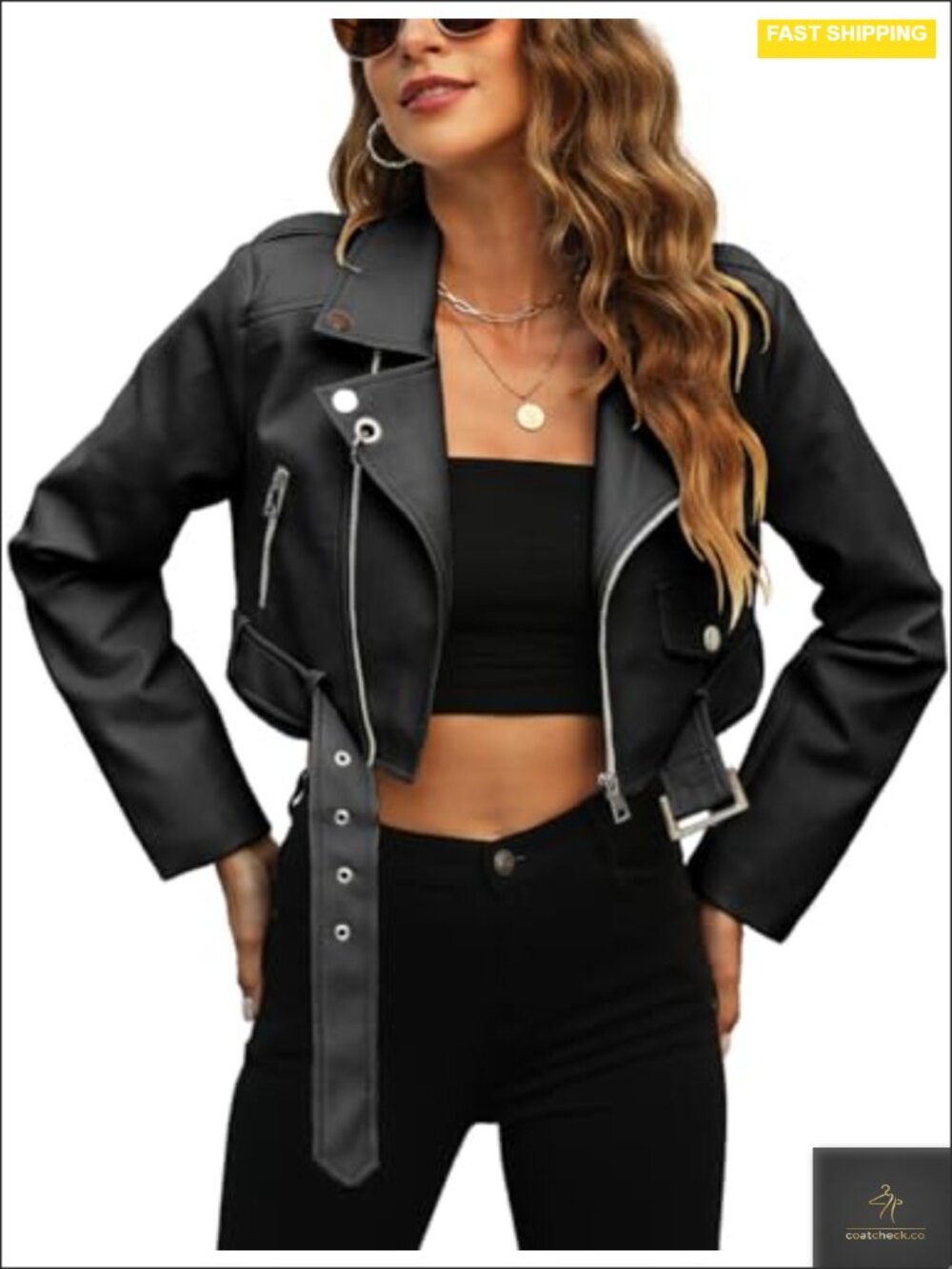Women's Cropped Faux Leather Bomber Jacket PU Moto Coat with Zipper